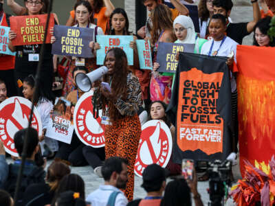 Participants stage a protest calling to phase out fossil fuels during the COP28 climate conference, held in Dubai, United Arab Emirates, on December 5, 2023.