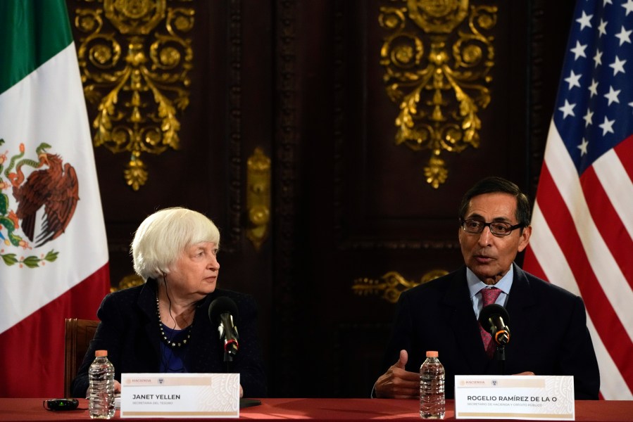 U.S. Treasury Secretary Janet Yellen and the Mexican Secretary of Finance Rogelio Ramirez de la O, hold a news conference at the National Palace in Mexico City, Thursday, Dec. 7, 2023. (AP Photo/Fernando Llano)