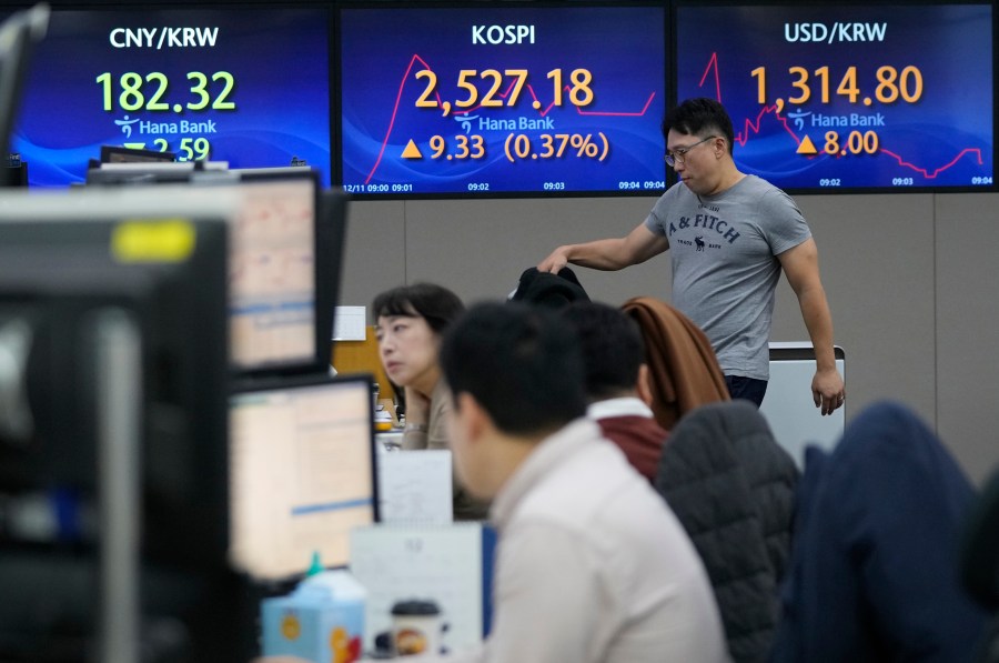 A currency trader passes by the screens showing the Korea Composite Stock Price Index (KOSPI), center, and the foreign exchange rate between U.S. dollar and South Korean won, right, at the foreign exchange dealing room of the KEB Hana Bank headquarters in Seoul, South Korea, Monday, Dec. 11, 2023. Asian shares were mixed on Monday after Wall Street touched a 20-month high, at the start of a week that includes essential U.S. inflation data and the Federal Reserve’s final rate decision of the year. (AP Photo/Ahn Young-joon)