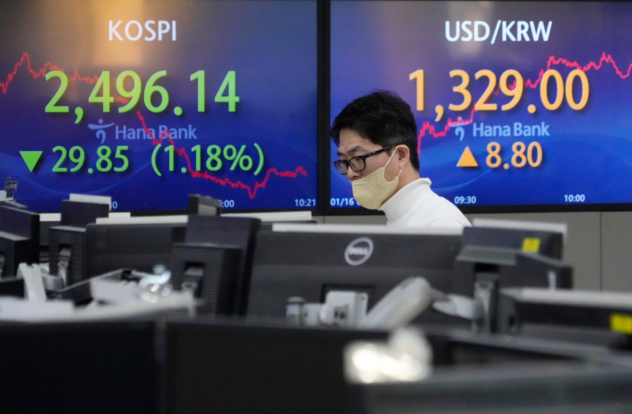 A currency trader watches monitors near the screens showing the Korea Composite Stock Price Index (KOSPI), left, and the foreign exchange rate between U.S. dollar and South Korean won at the foreign exchange dealing room of the KEB Hana Bank headquarters in Seoul, South Korea, Tuesday, Jan. 16, 2024. (AP Photo/Ahn Young-joon)