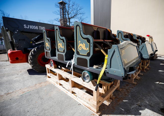 The new cars that will carry passengers around Silver Dollar City's second-generation Fire In The Hole roller coaster that is slated to open in March.