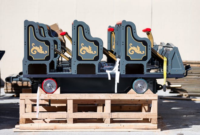 The new cars that will carry passengers around Silver Dollar City's second-generation Fire In The Hole roller coaster that is slated to open in March.