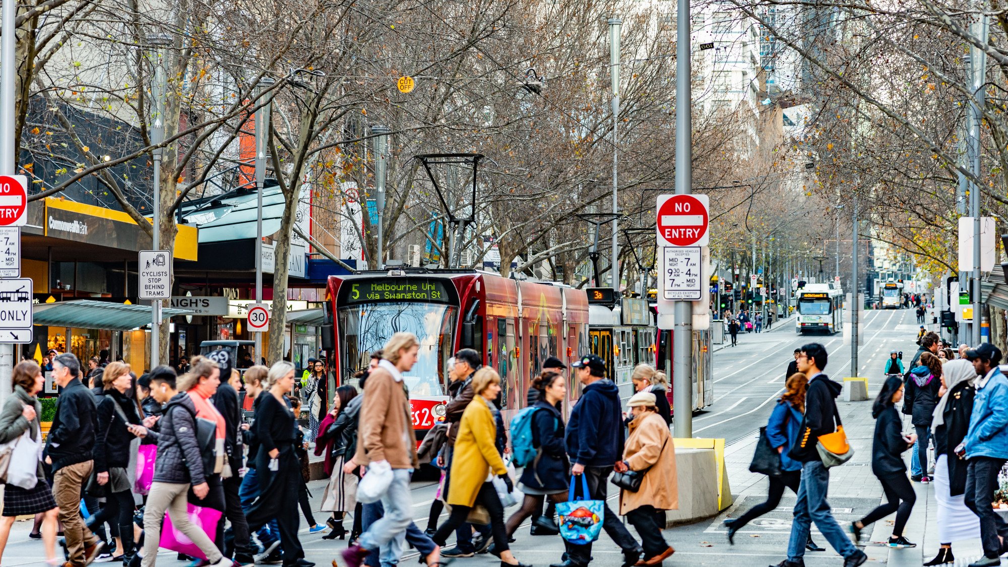 Public Transport Victoria trams on Swanston Street in Melbourne while pedestrians cross the road at the intersection of Bourke Street. Photo: Shutterstock