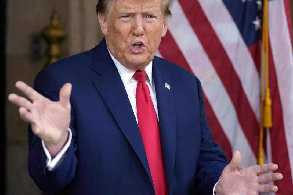 Republican presidential candidate former President Donald Trump speaks at his Mar-a-Lago estate Thursday, Feb. 8, 2024, in Palm Beach, Fla. (AP Photo/Rebecca Blackwelli)