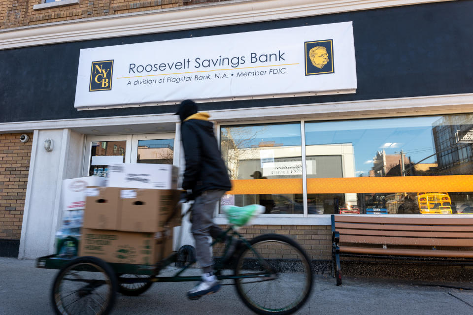 NEW YORK, NEW YORK - FEBRUARY 08: A New York Community Bank, under the name Roosevelt Bank, stands in Brooklyn on February 08, 2024 in New York City. New York Community Bancorp, a regional lender, shed about 60% of its value over the past eight days and its credit rating has been downgraded to Junk by Moody's. (Photo by Spencer Platt/Getty Images)