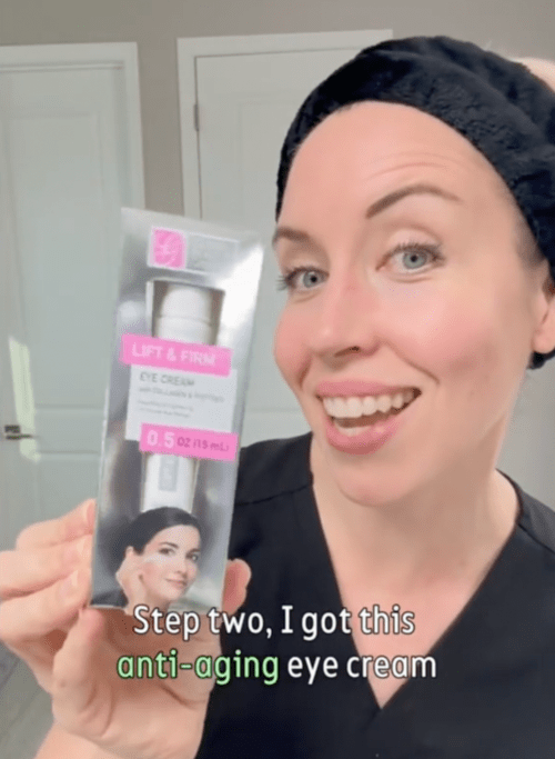 Dermatologist Maren Locke holds up a skincare product from Dollar Tree