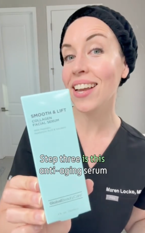 Dermatologist Maren Locke holds up a skincare product from Dollar Tree