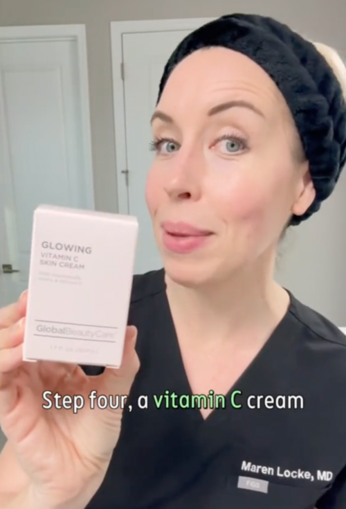 Dermatologist Maren Locke holds up a skincare product from Dollar Tree