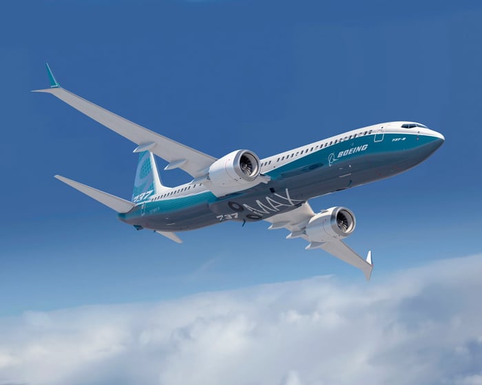 A Boeing 737 Max jetliner in midflight. 