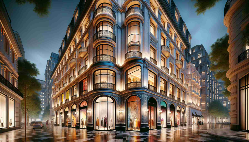 Luxury Fashion Houses Invest Heavily in Iconic Real Estate A high-definition, realistic image showcasing prominent high-end fashion stores investing significantly in landmark real estate. The scene captures well-known, luxury fashion houses situated within architecturally significant buildings. The estate carries a unique charm and distinctive character, embodying the opulence and grandeur associated with luxury fashion. Multi-level structures adorned with intricate details, large display windows flaunting the latest in haute couture. The storefronts alive under the warm glow of aesthetically pleasing lighting, adding to the overall atmosphere of high fashion. Vibrant colors play on the surface, bringing out the textures of the stone, metal, and glass.