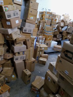 A Virginia safety and health inspector reported boxes stacked "haphazardly" and blocking walkways in the back room of a Dollar Tree at 8315 Sudley Road in Manassas in July 2022. The inspector’s report said the company had failed to keep exit routes clear and exposed workers to potential injury from falling boxes of merchandise. (Source: Virginia Occupational Safety And Health Program Inspection Case File #1611019)