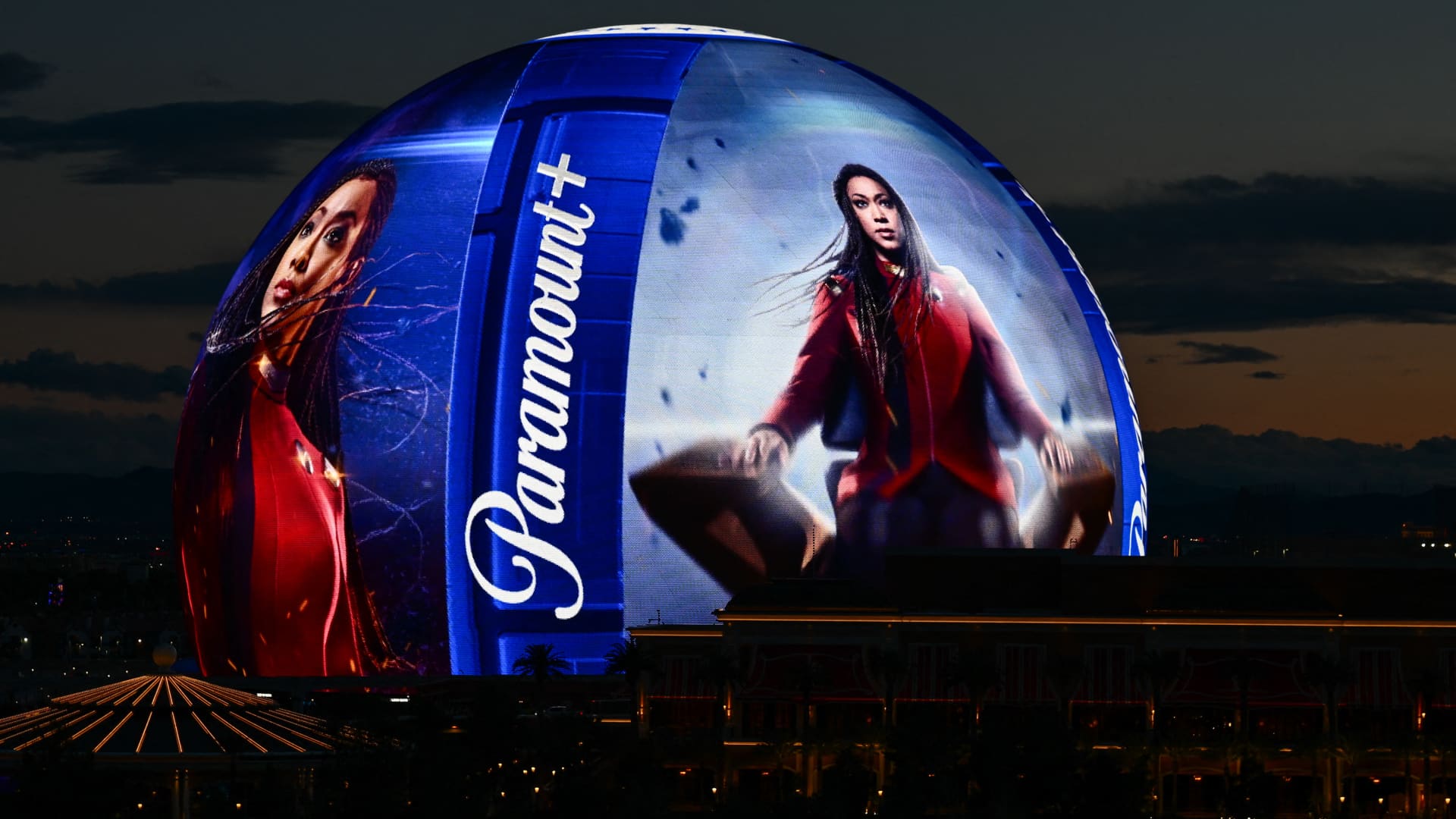 The Paramount Global Paramount+ streaming service logo is displayed on the Sphere arena in Las Vegas, Nevada, Feb. 7, 2024.