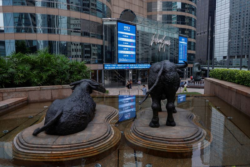 © Reuters. Bull statues are placed in font of screens showing the Hang Seng stock index and stock prices outside Exchange Square, in Hong Kong, China, August 18, 2023. REUTERS/Tyrone Siu/ File Photo
