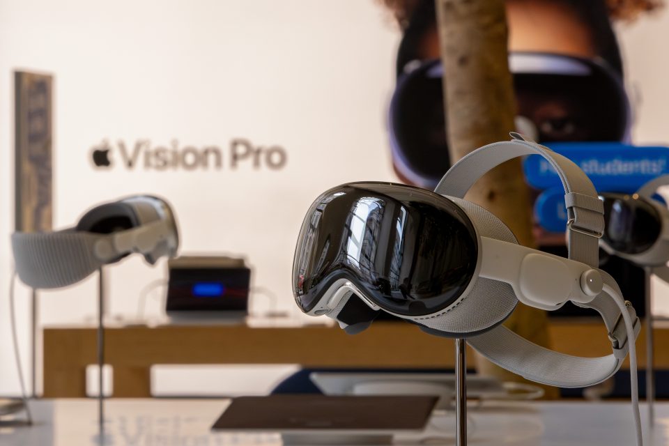 An Apple Vision Pro headset on display during the product's UK sales launch at the Apple Inc. store on Regent Street in central London, UK, on Friday, July 12, 2024. When Apple unveiled the Vision Pro headset, the company promised to usher in a new era of what it calls spatial computing forever changing the way people use technology and consume media. Photographer: Betty Laura Zapata/Bloomberg via Getty Images