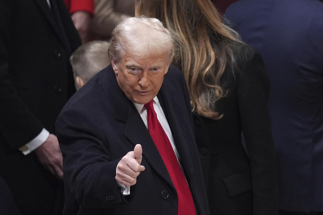 President Donald Trump gives a thumbs up at the national prayer service at the Washington National Cathedral, Tuesday, Jan. 21, 2025, in Washington. (AP Photo/Evan Vucci)