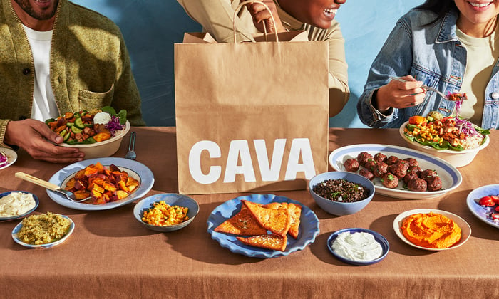 People eating on a table with CAVA logo in view.