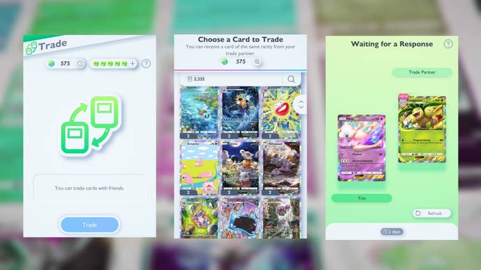 Multiple screenshots of the trading process in Pokemon TCG Pocket are shown