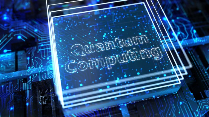 Abstract representation of a specialized quantum comptuing semiconductor.