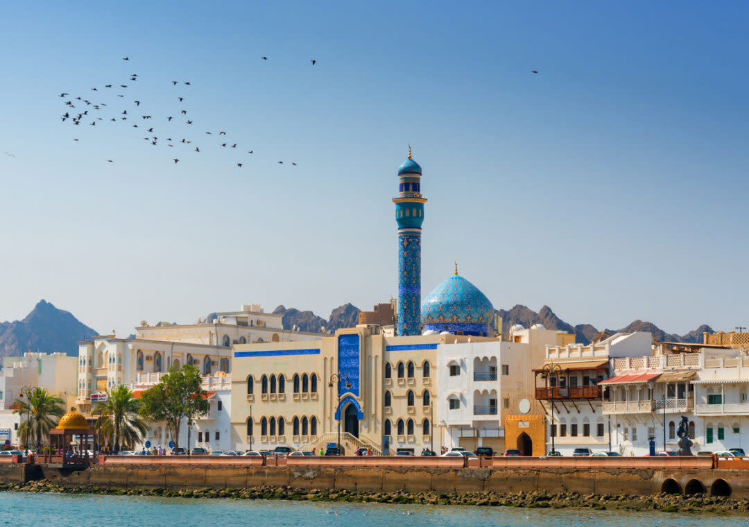 A coastal cityscape featuring a mosque with a blue dome and minaret, surrounded by traditional buildings. Mountains are visible in the background, and a flock of birds flies across the sky. The city is beside a body of water.