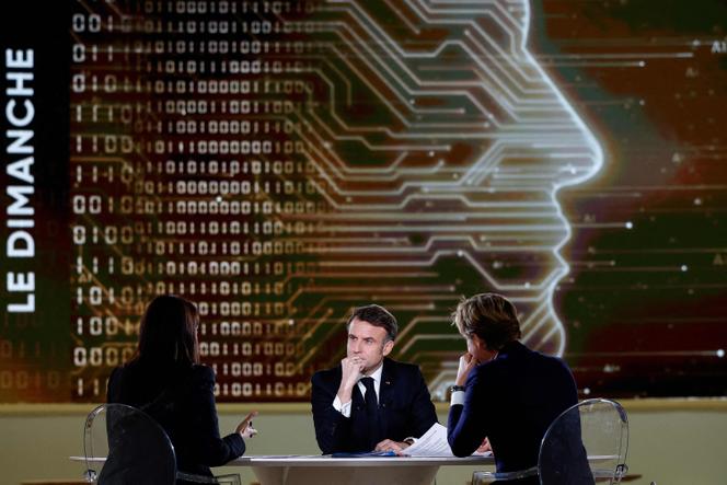 Emmanuel Macron on the set of France 2, on the eve of the opening of the Summit for Action on AI, at the Grand Palais, in Paris, on February 9, 2025.