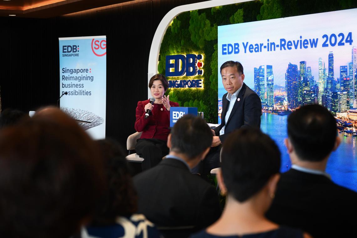 ST20250206_202509000267 Kua Chee Siong/ tgedb06/
Ms Jacqueline Poh, Managing Director, EDB (left) and Mr Png Cheong Boon, Chairman, EDB speaking during the Economic Development Board?s (EDB) 2024 Year-in-Review (YIR) media briefing held at the EDB Office in Raffles City Tower, on Feb 6, 2025.