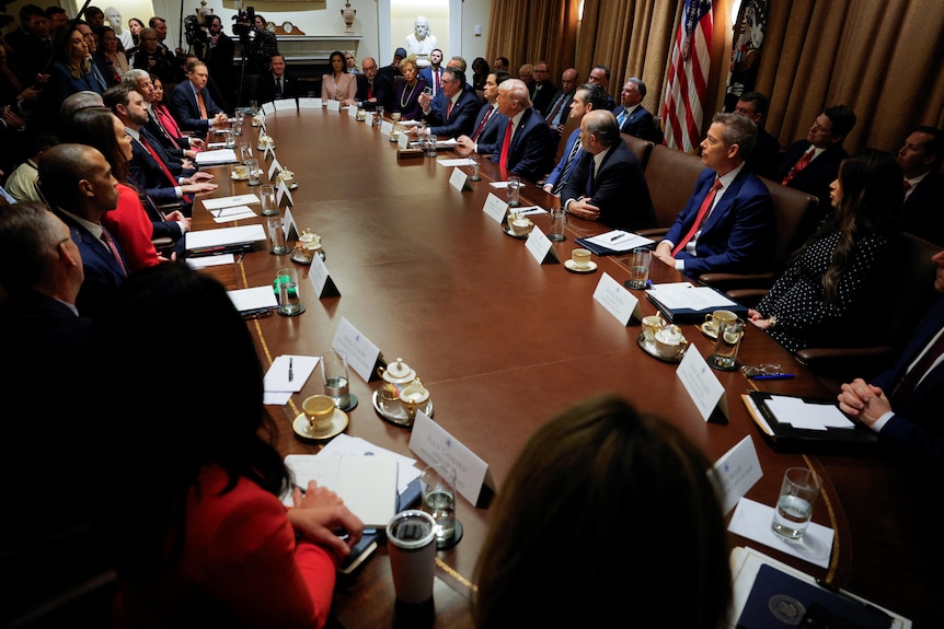 Donald Trump and cabinet members sit around a long wooden table.