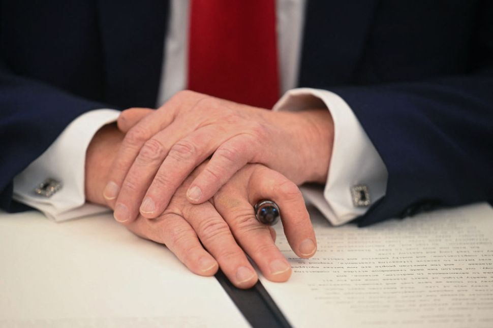 A close-up of Trump hands