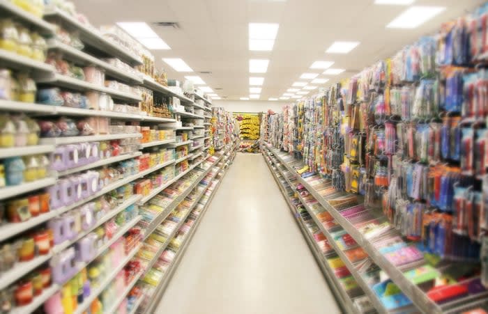 An aisle in a convenience store.