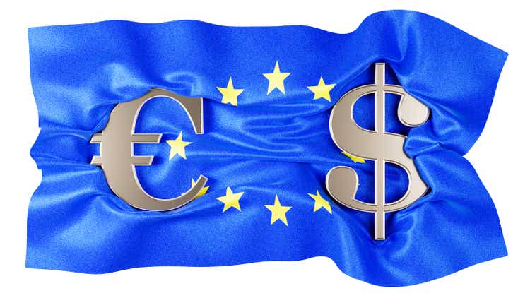 Euro and Dollar Symbols Entwined Over European Union Flag on Isolated Background