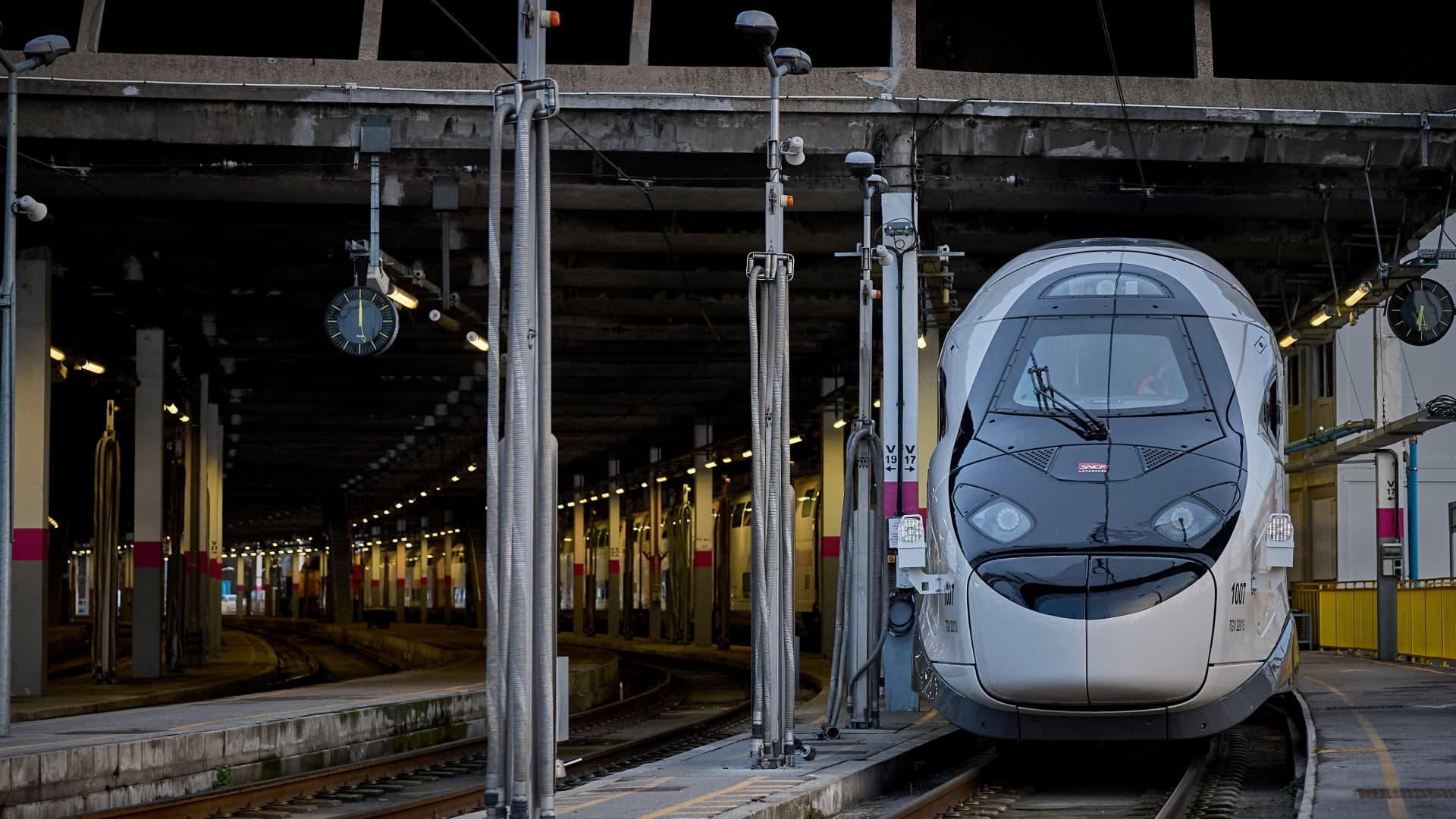 The new TGV INOUI train leaving a technical centre of French national rail company SNCF ahead of it's unvailing, in Paris, on March 10, 2025. The train manufactured by French rolling stock manufacturer Alstom will enter into service at the beginning of 2026.
