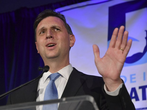 Rep. Seth Magaziner, D-Rhode Island, is leading a bipartisan effort to prohibit members of Congress, their spouses and dependent children from trading individual stocks. (AP Photo/Mark Stockwell)