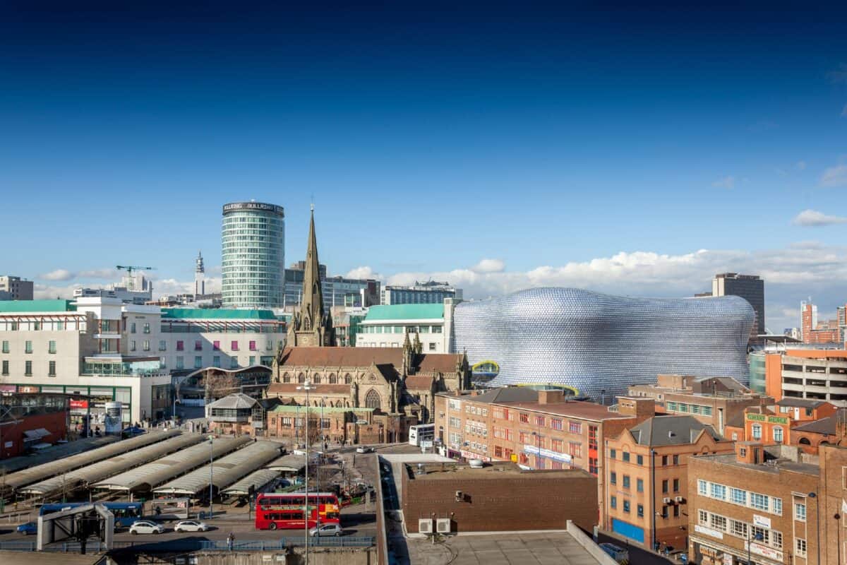 View of the Birmingham skyline including the church of St Martin, the Bullring shopping centre and the outdoor market.