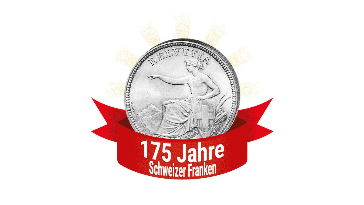 Schweizer Franken-Münze über rotem Band mit der Aufschrift ’175 Jahre Schweizer Franken’. Schweizer Franken-Münze über rotem Band mit der Aufschrift ’175 Jahre Schweizer Franken’.