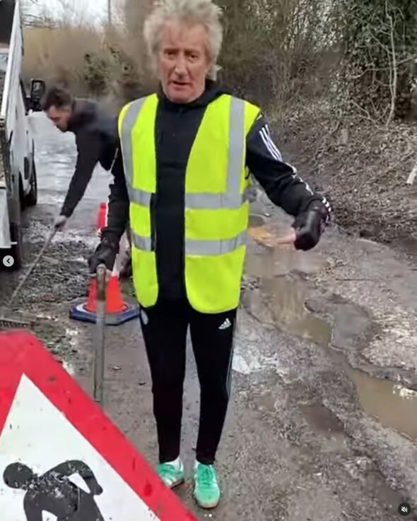 Rod Stewart fills in potholes on the road  