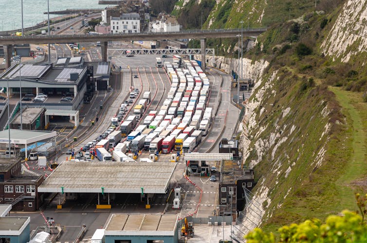 queues of lorries waiting to board ferries at the port of dover