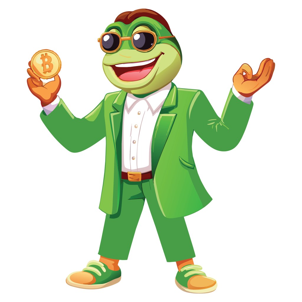 Pepe the Frog animation wearing a green suit holding an animated Bitcoin.