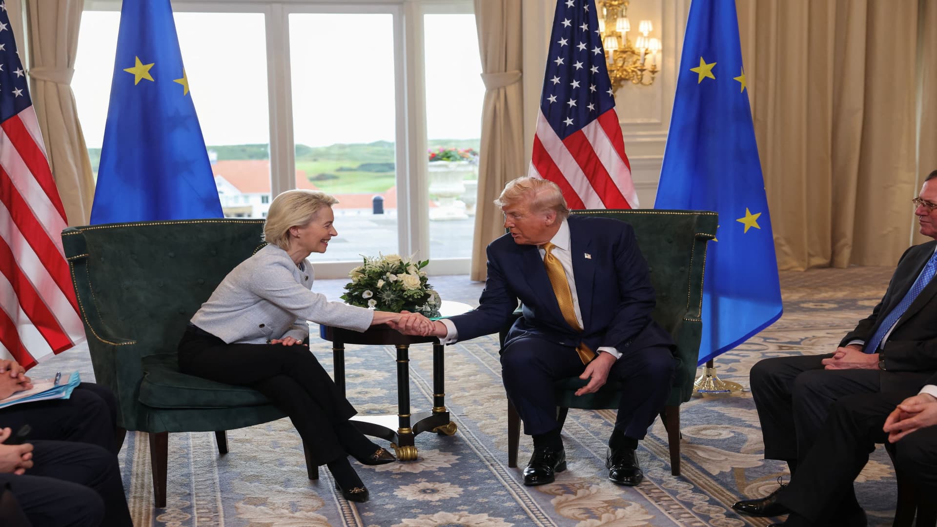 U.S. President Donald Trump shakes hands with European Commission President Ursula von der Leyen, after the announcement of a trade deal between the U.S. and EU, in Turnberry, Scotland, on July 27, 2025.