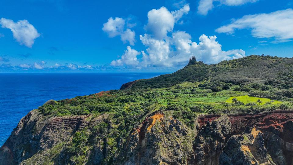 Aerial view of Pitcairn Island, showing cliffs, vegetation, and ocean.