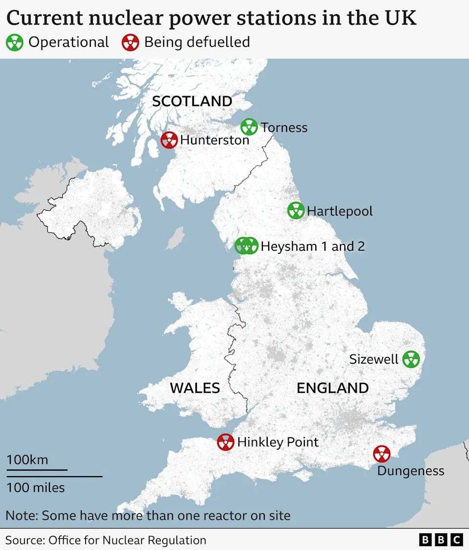 Map showing the location of current nuclear power stations in the UK.