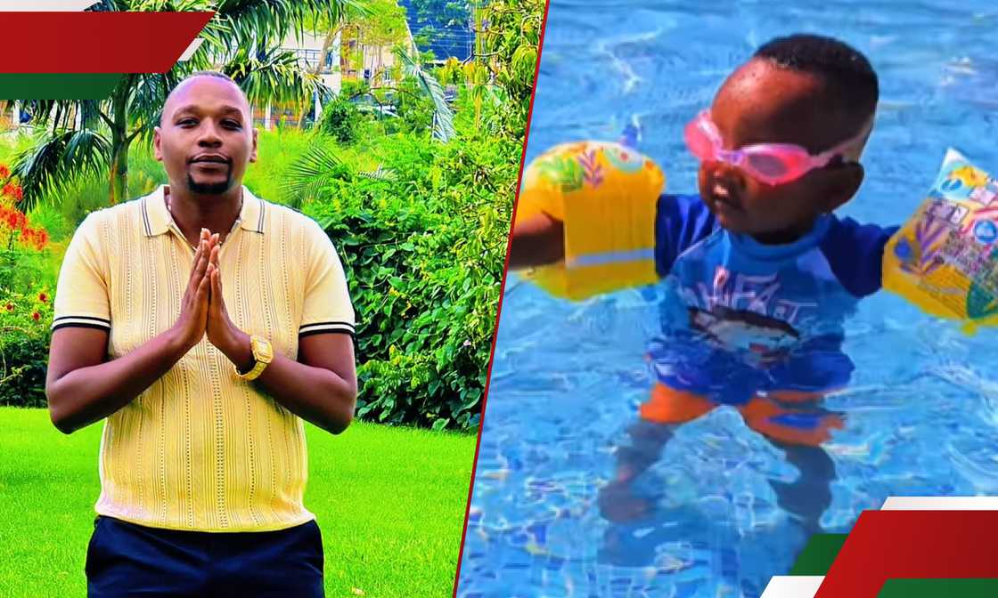 David Mwangi (l) making a prayer sign, the trader's son, Mateo (r) in a swimming pool. David Mwangi (l) making a prayer sign, the trader's son, Mateo (r) in a swimming pool.