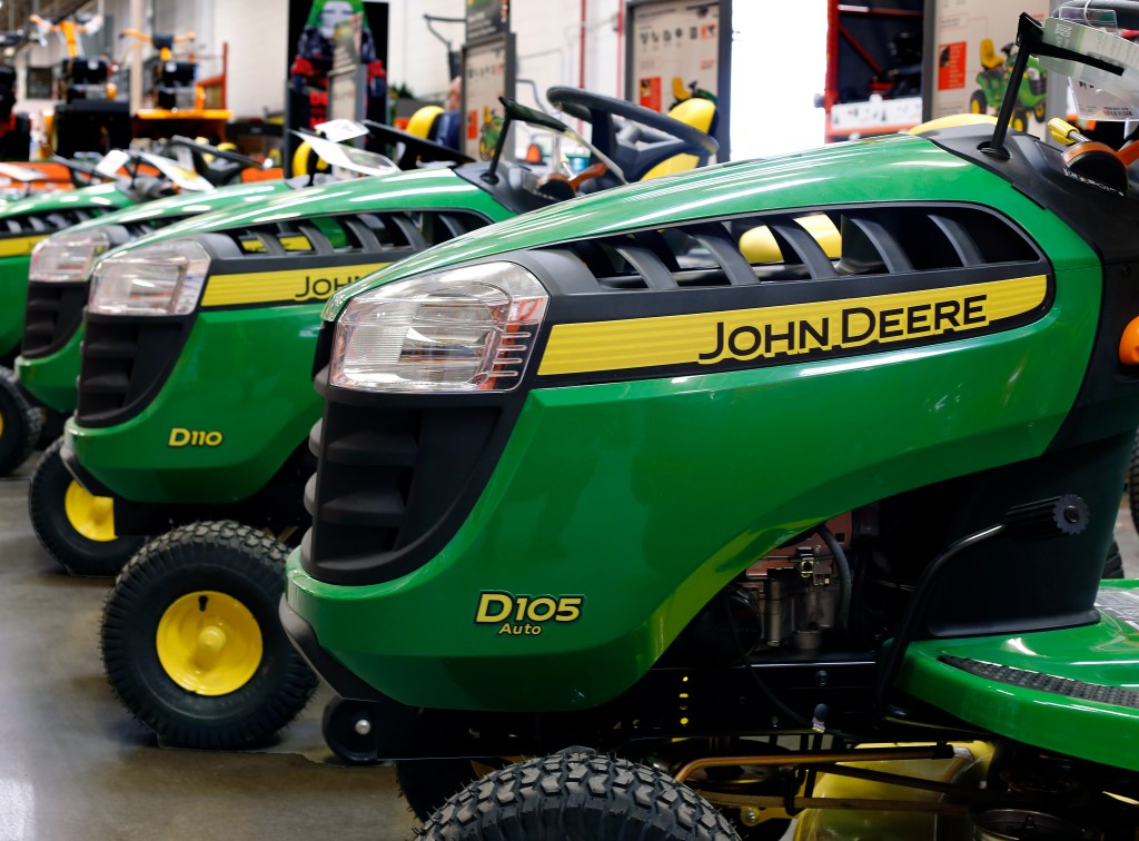 John Deere lawn tractors on display.