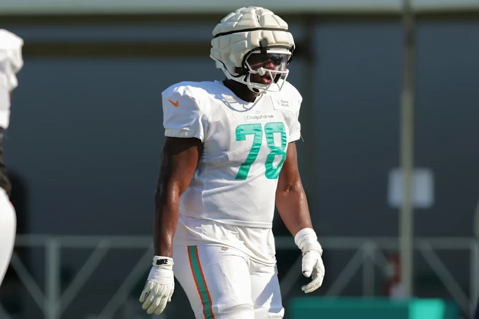 Jul 29, 2025; Miami Gardens, FL, USA; Miami Dolphins guard James Daniels (78) works on the field during training camp at Baptist Health Training Complex. Mandatory Credit: Sam Navarro-Imagn ImagesSam Navarro-Imagn Images