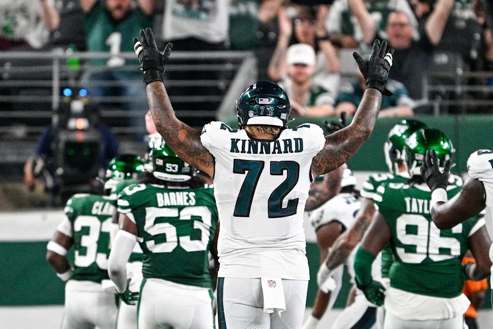 Aug 22, 2025; East Rutherford, New Jersey, USA; Philadelphia Eagles offensive tackle Darian Kinnard (72) celebrates a touchdown during the third quarter against the New York Jets at MetLife Stadium. Mandatory Credit: Mark Smith-Imagn Images