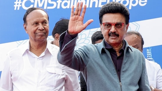 Tamil Nadu Chief Minister M.K. Stalin with DMK leader T.R. Baalu as he leaves for a week-long trip to Germany and the UK to attract investments to the state, at Chennai Airport(PTI) Tamil Nadu Chief Minister M.K. Stalin with DMK leader T.R. Baalu as he leaves for a week-long trip to Germany and the UK to attract investments to the state, at Chennai Airport(PTI)