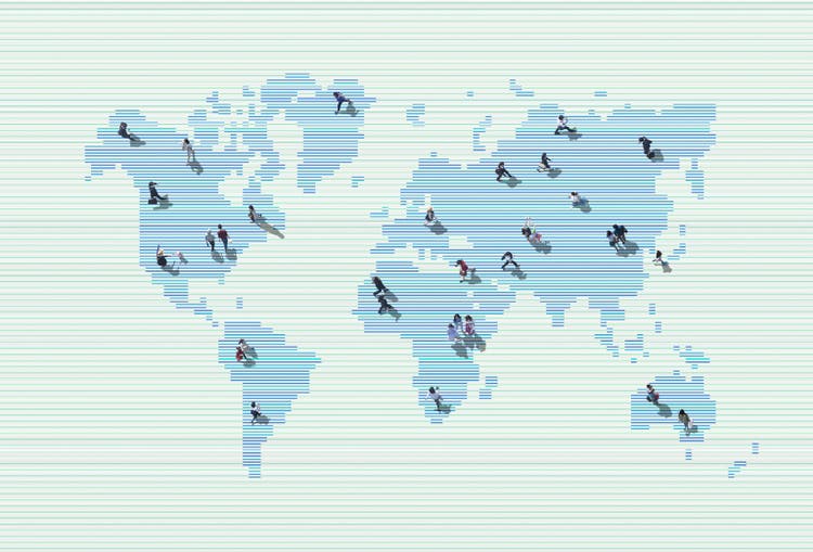Image of people walking on a world map filled with high-speed data