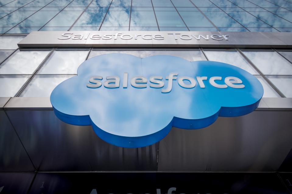 Sign at the entrance to the Salesforce offices in Midtown...