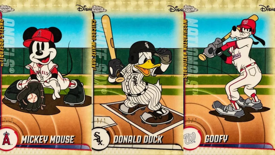 image shows disney characters mickey mouse, Donald duck, and goofy in classic topps mlb trading card form