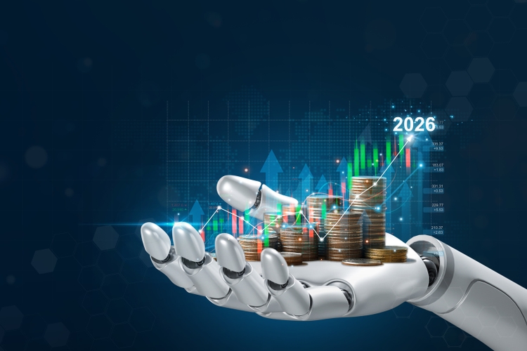 AI and Financial Technology concept. Robotic hand holds rising stacks of coins with digital charts 2026, showing artificial intelligence in fintech. investment strategy, trading, analytics, growth.