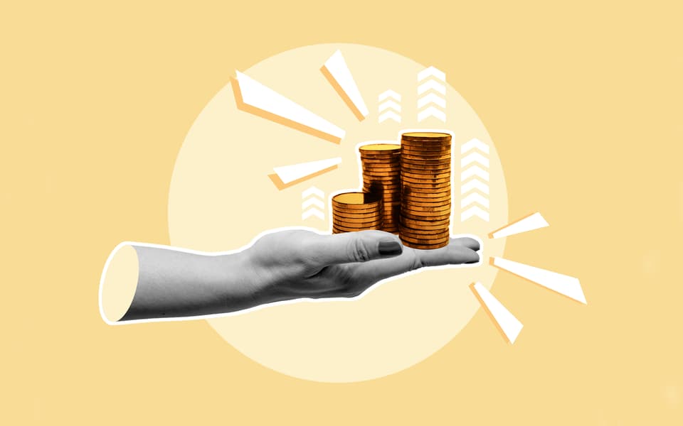 A human hand shows a golden stack of coins with an increase sign on a colored background. Collage Art of business and finance