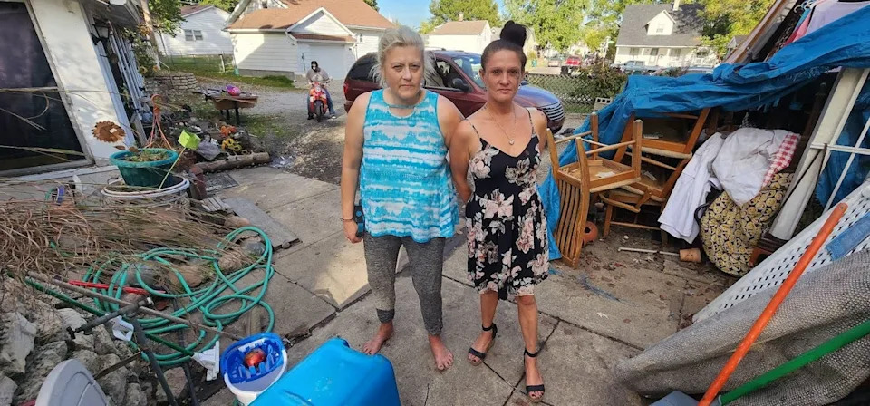 Jeanna Kelley and Sara Behey, who live behind the site of the My Way Trading Warehouse fire, are two of the many people who were displaced by the fire on April 11, 2023.